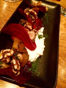 Sliced beets with goat cheese, walnuts and puree at Le Cercle